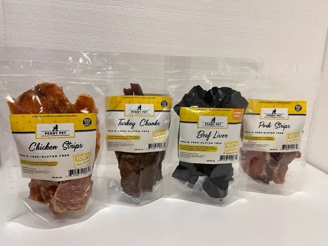 100% Air Dried Chicken, Pork, Turkey & Beef Strips and Medallions - USA Made by Penny