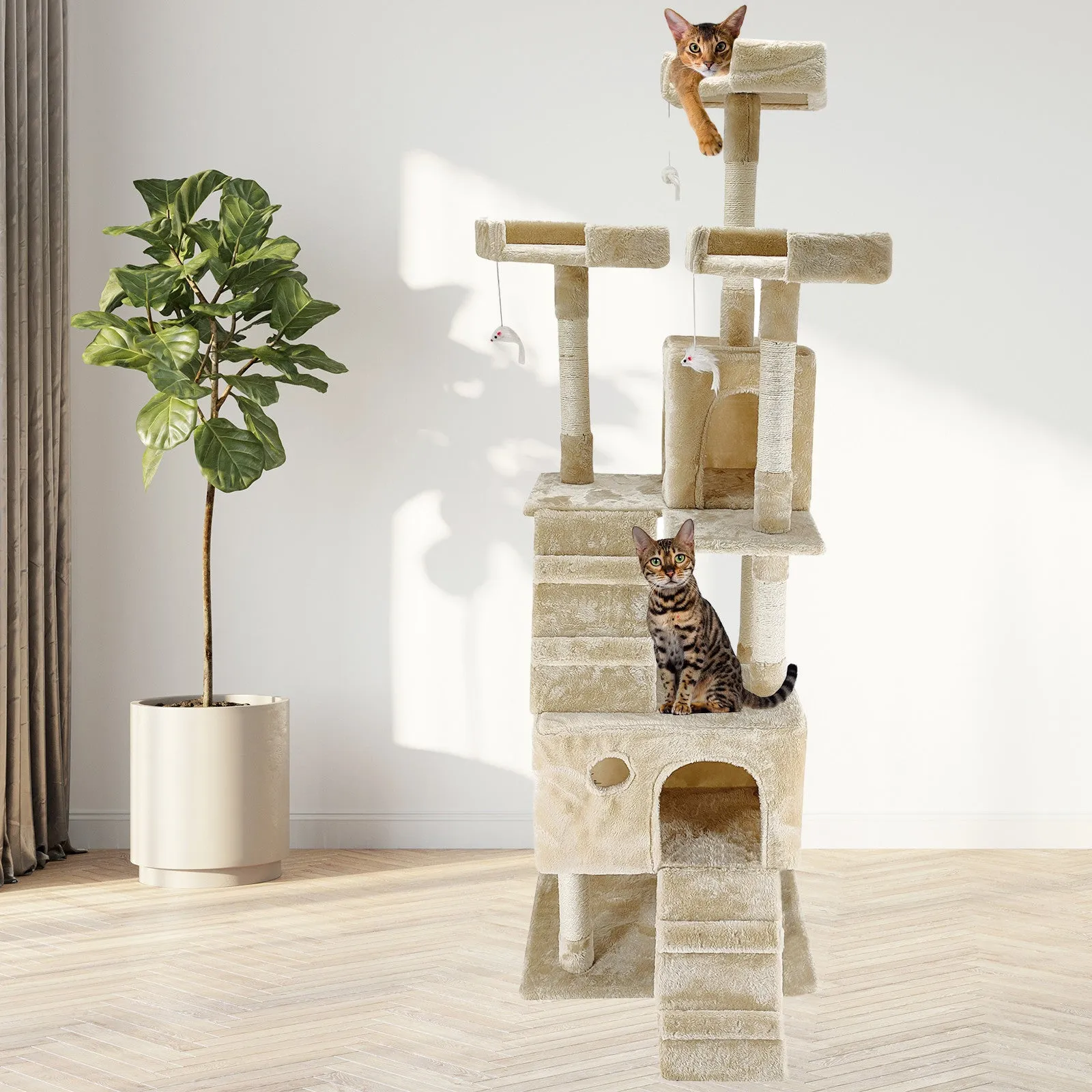 4Paws Cat Tree Scratching Post House Furniture Bed | Luxury Plush Play | 180cm | Beige