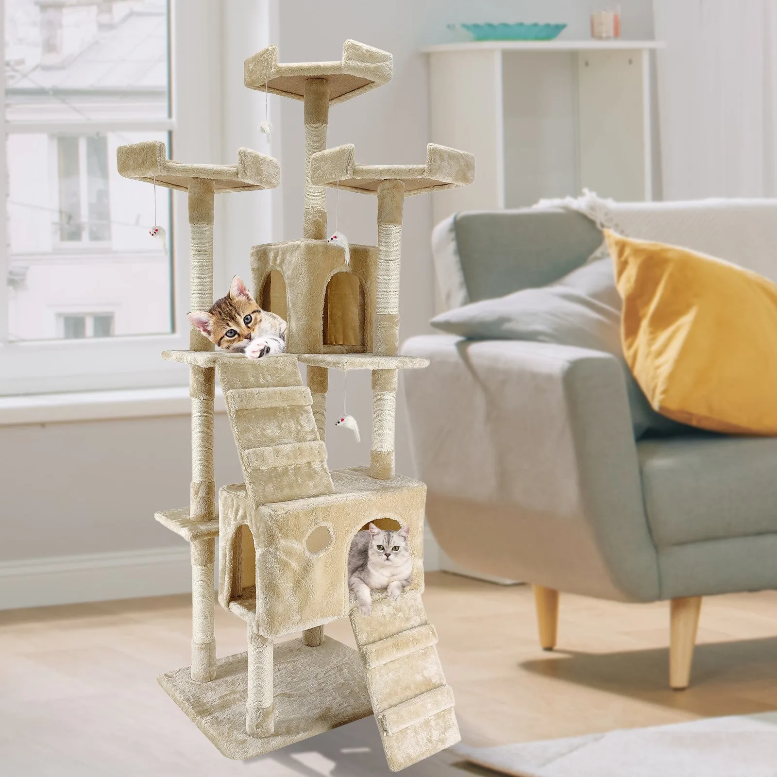 4Paws Cat Tree Scratching Post House Furniture Bed | Luxury Plush Play | 180cm | Beige
