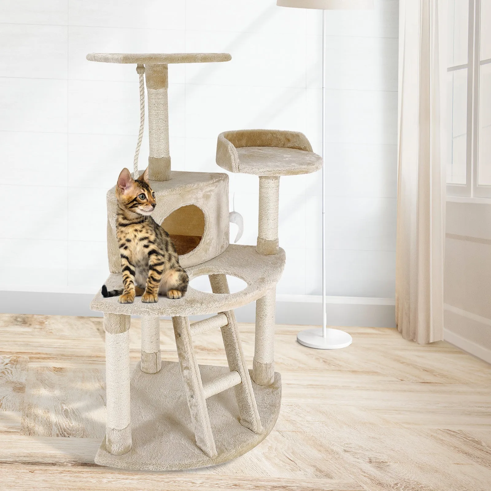 4Paws Luxury Plush Cat Tree Scratching Post House Bed | 120cm | Beige