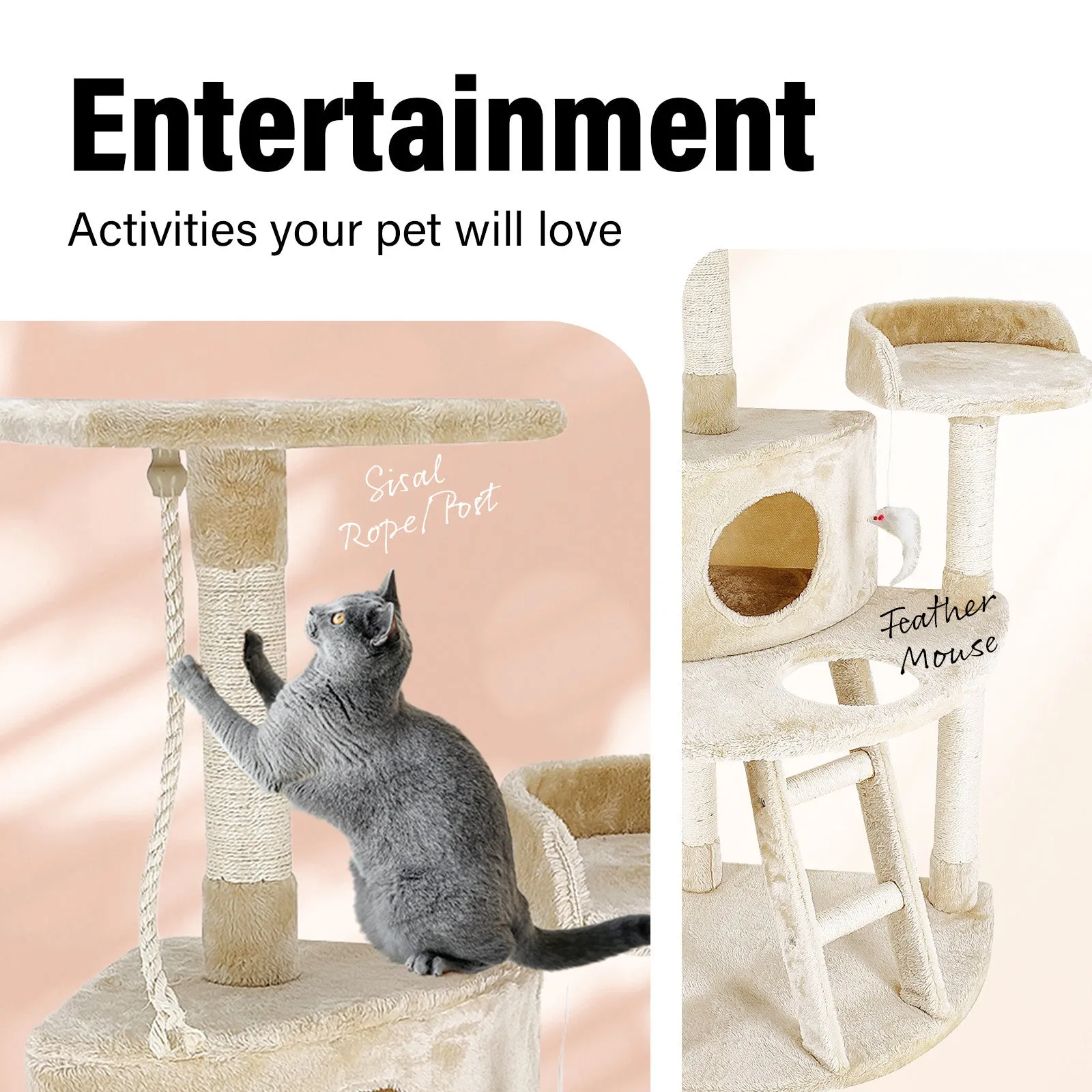 4Paws Luxury Plush Cat Tree Scratching Post House Bed | 120cm | Beige