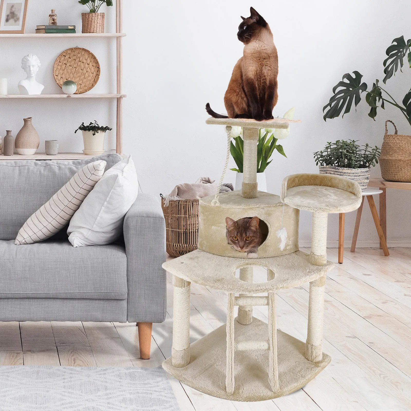 4Paws Luxury Plush Cat Tree Scratching Post House Bed | 120cm | Beige