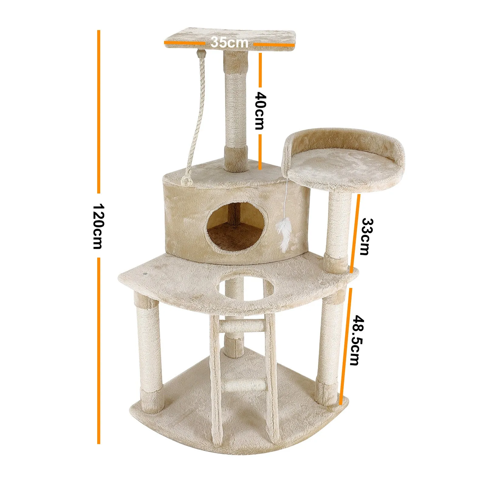 4Paws Luxury Plush Cat Tree Scratching Post House Bed | 120cm | Beige