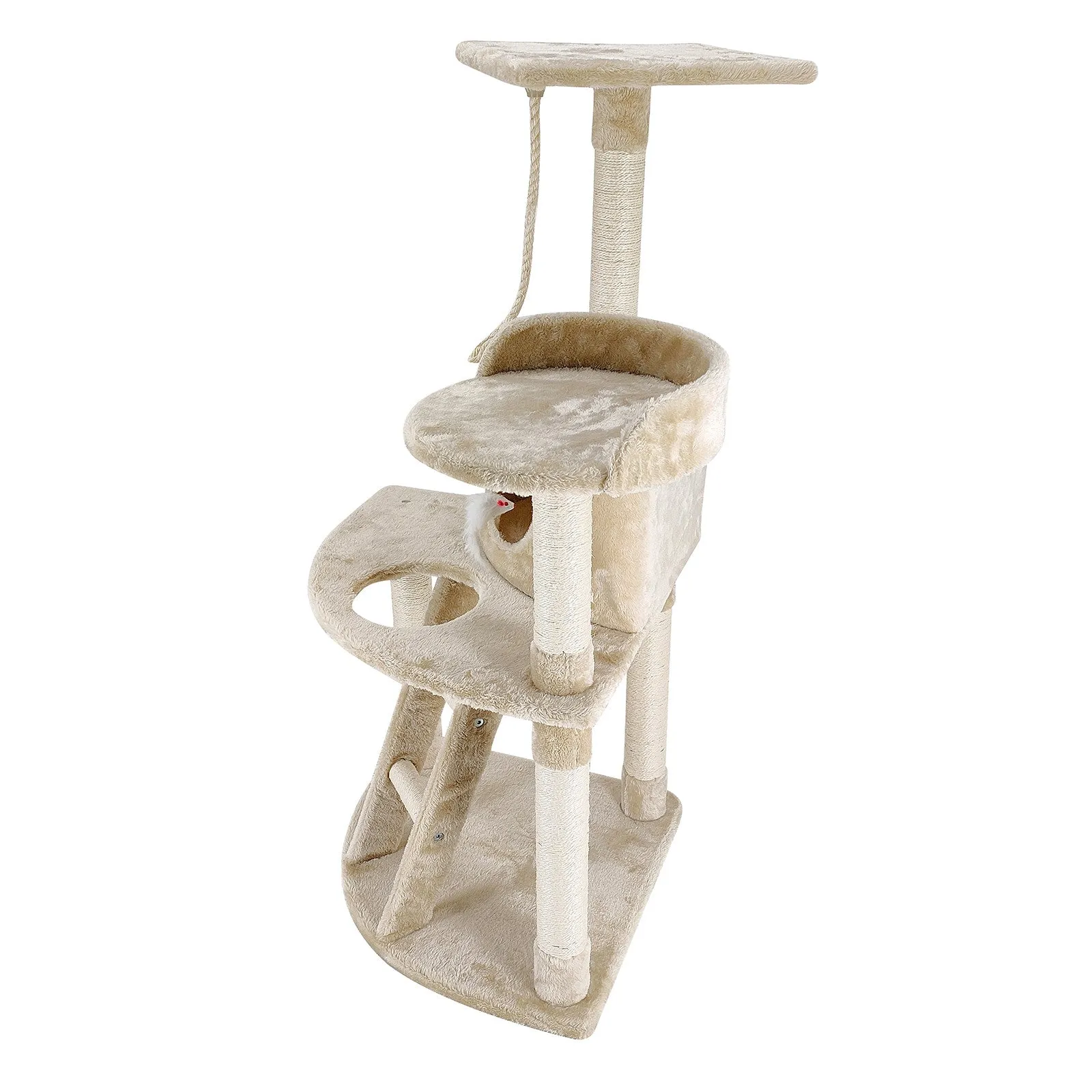 4Paws Luxury Plush Cat Tree Scratching Post House Bed | 120cm | Beige