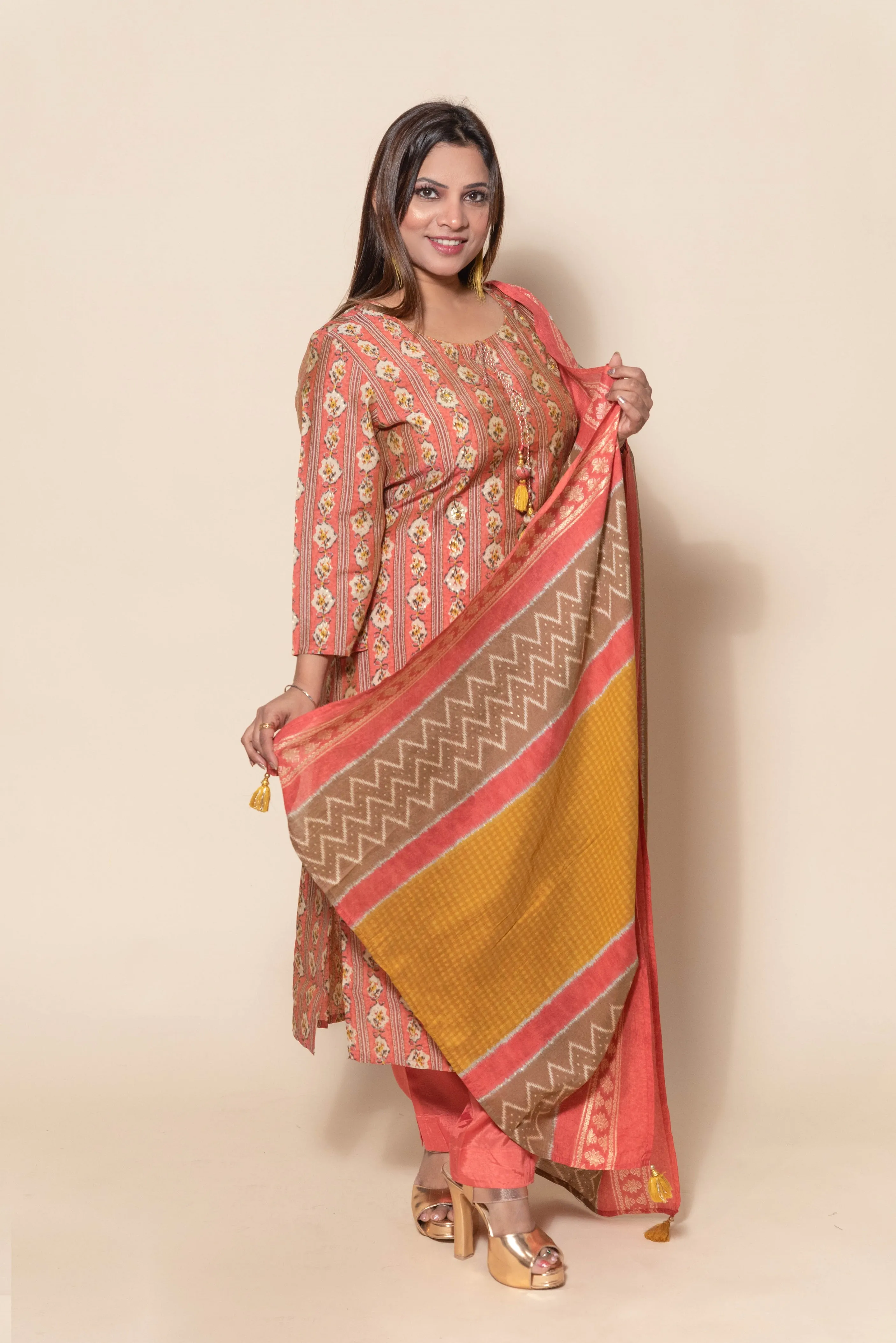 Adorable Orange Silk Suit with Sequin and Print Design - Perfect for any Occasion