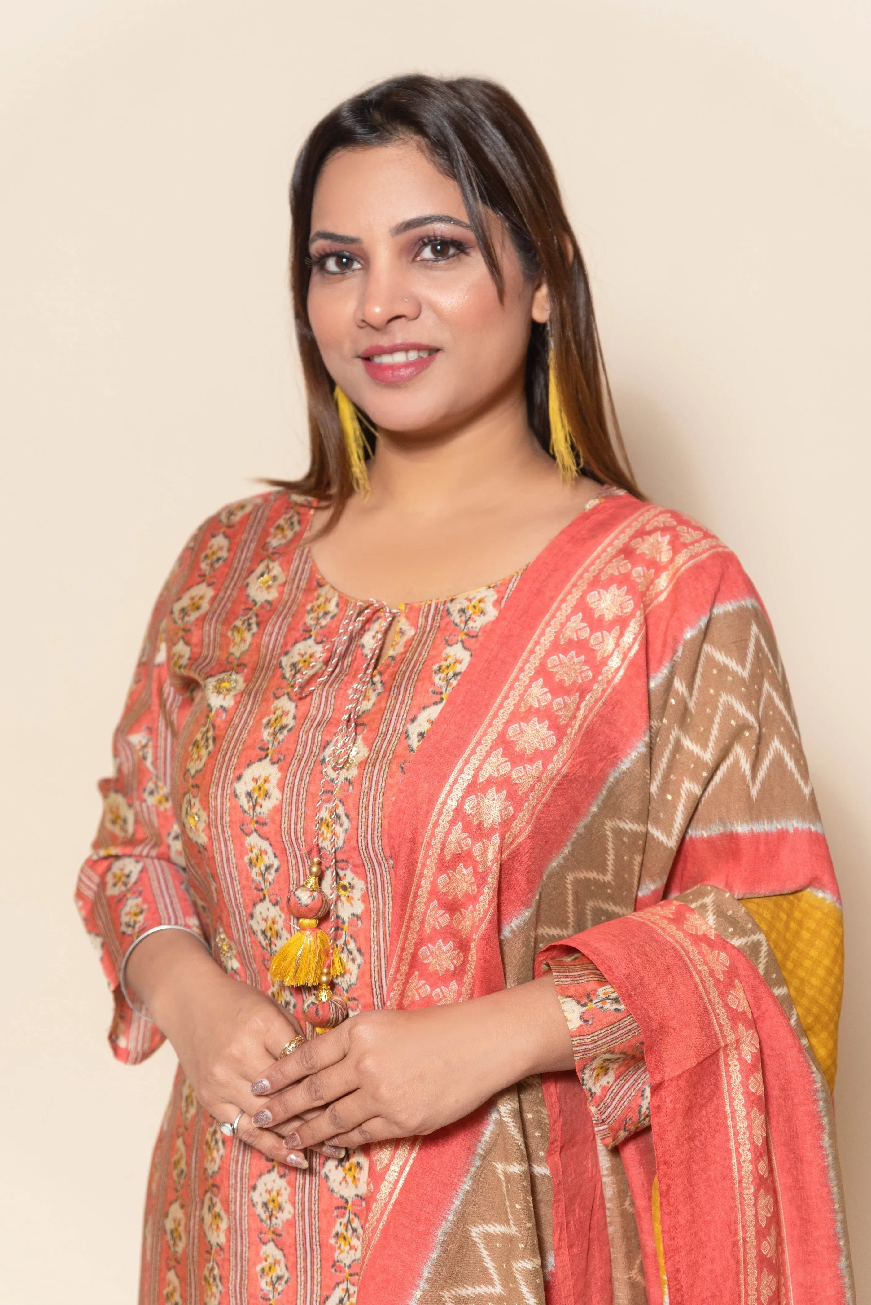 Adorable Orange Silk Suit with Sequin and Print Design - Perfect for any Occasion