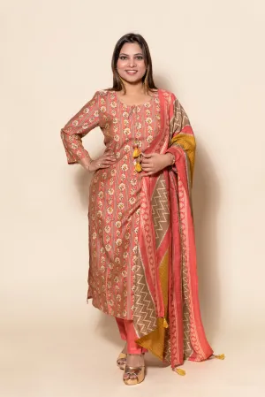 Adorable Orange Silk Suit with Sequin and Print Design - Perfect for any Occasion