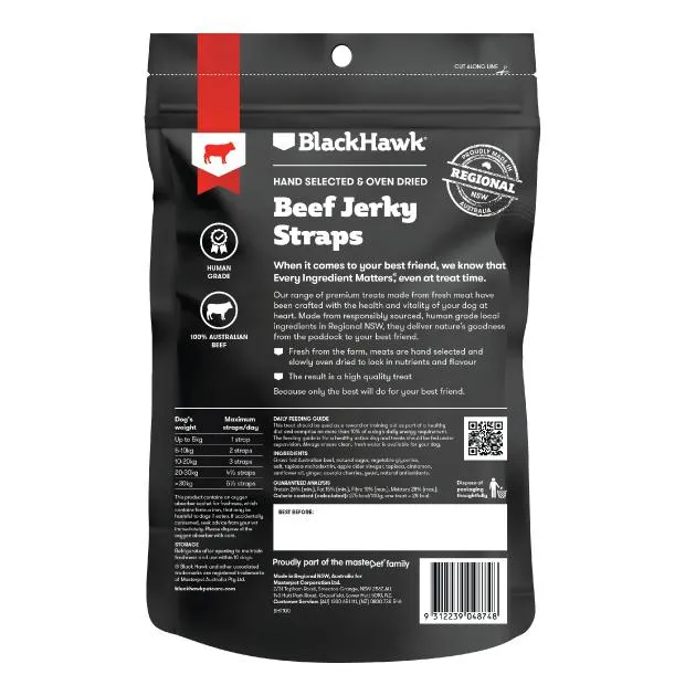 Black Hawk Dog Treats Beef Jerky Straps 100g