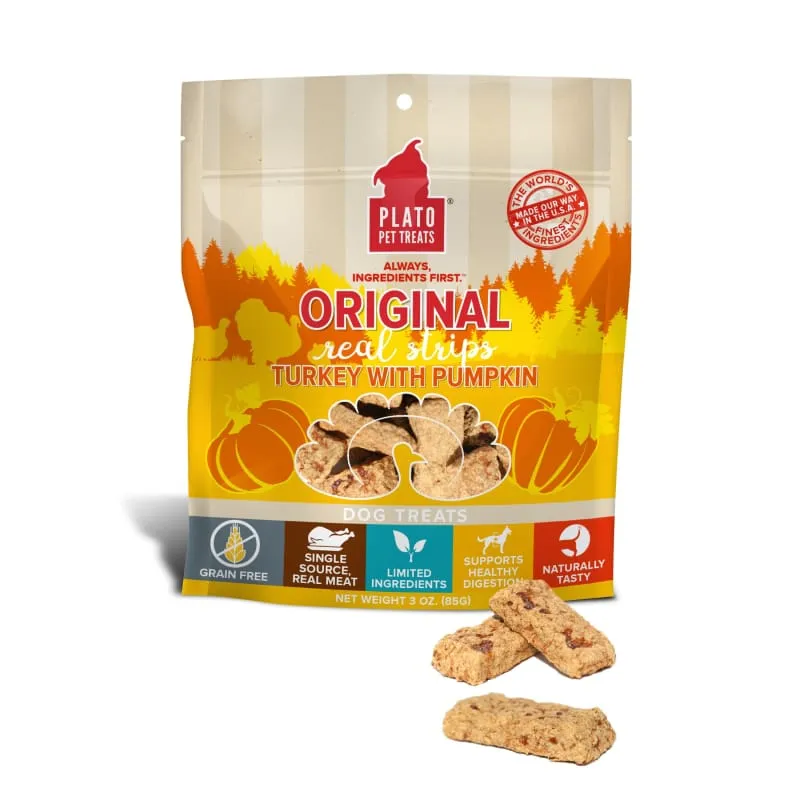 [BUY 2 FREE 1] Plato Original Real Strips Turkey & Pumpkin Air Dried Dog Treats 85g