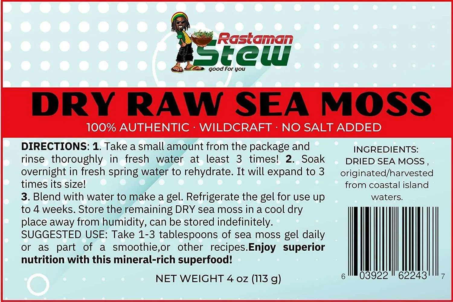 RastaMan Stew Sea Moss 113 Gram - Rich In Nutrition's - Healthy Super Food - Raw Wildcrafted  - Clean Ocean  - Hand Picked & Sun Dried (4 oz)
