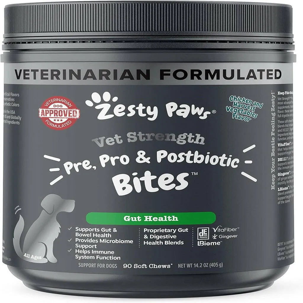 Zesty Paws Vet Strength Pre, Pro & Postbiotics Bites Rotisserie Chicken Flavored Chews for Dogs (90 ct)
